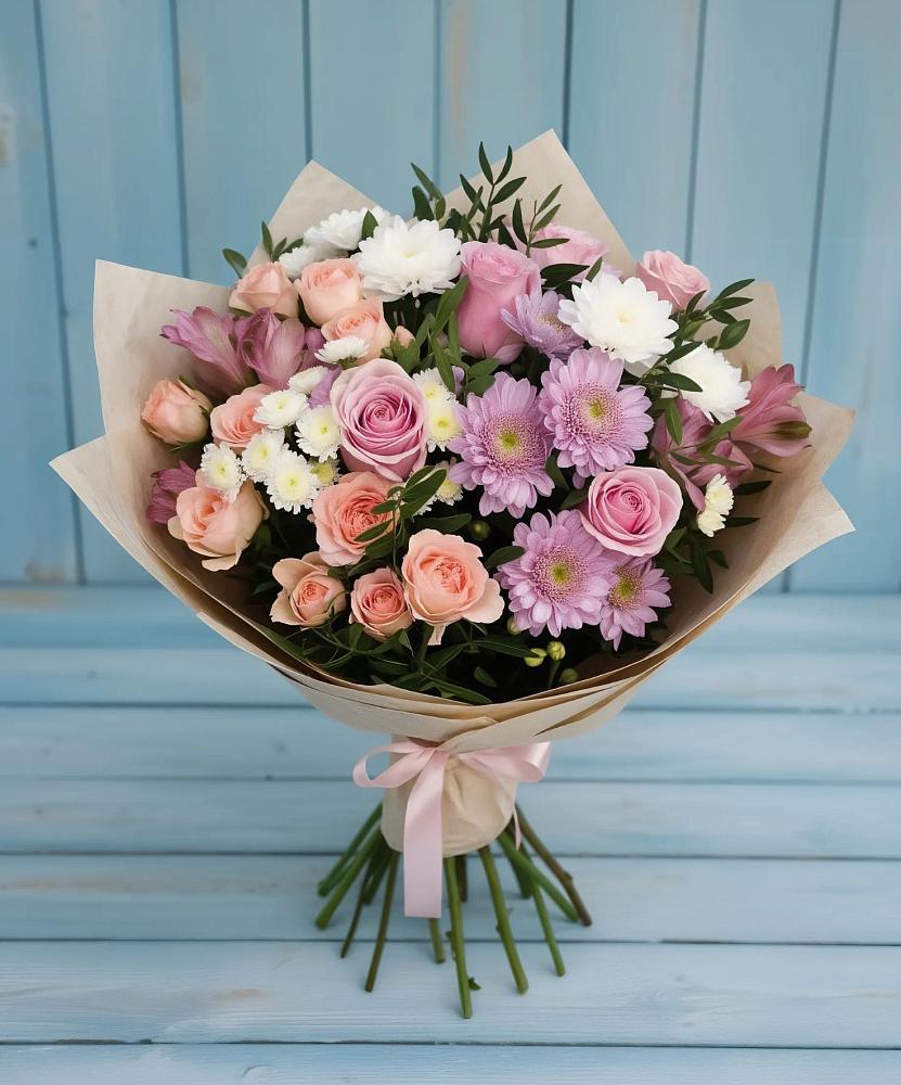 Букет цветов из: Хризантемы, Розы и Альстромерии в Белозерске