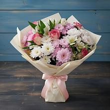 Букет цветов из:  Хризантемы, Альстромерии и Розы #REPLACE_PRED# Белозерске