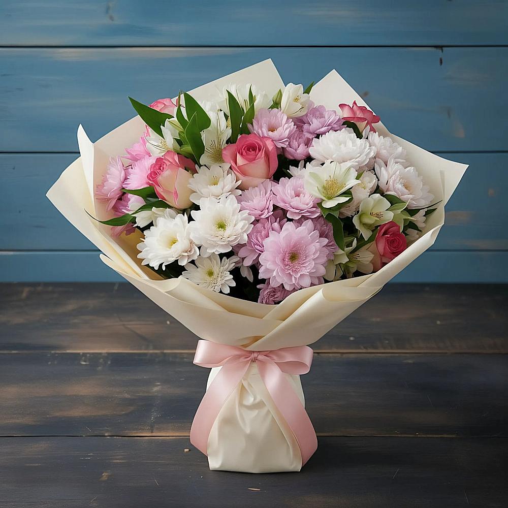 Букет цветов из: Хризантемы, Альстромерии и Розы в Белозерске